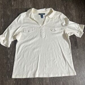 Karen Scott Womens XL White / Cream Top Roll Tab Sleeve Collar Button Pockets